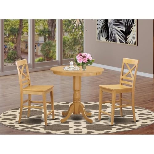East West Furniture JAQU3-OAK-W 3 Piece Counter Height Dining Set for Small Spaces Contains a Round Wooden Table with Pedestal and 2 Kitchen Chairs, 36x36 Inch, Oak - color: Jaqu3-oak-w