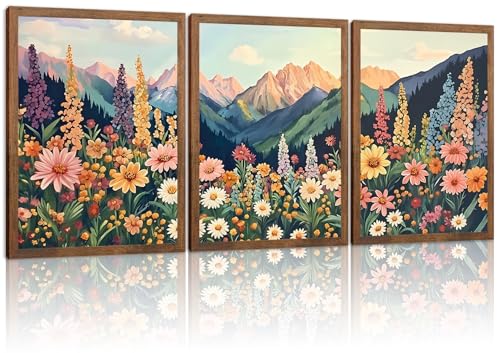 Boho Flower Landscape Wall Art Set of 3, Mountain Wildflower Nature Canvas Prints, Rustic Colorful Daisy Floral Wall Decor for Living Room Bedroom Office Farmhouse Home Decor 12x16In Wood Framed - color: Colorful flowers, size: 16L" x 12W"
