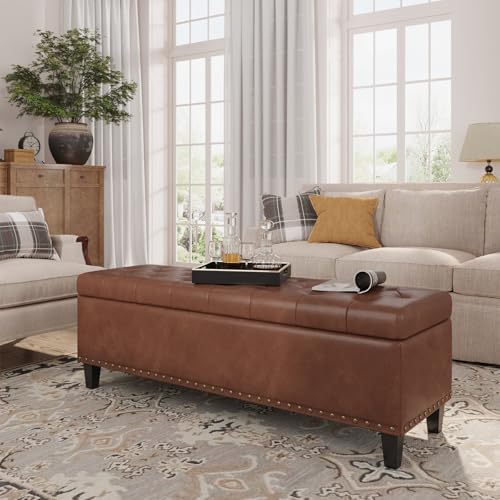 FiveWillowise 51 Inch Storage Ottoman Bench,Large End of Bed Storage Bench | Faux Leather Ottoman with Storage,30 Gallons,Upholstered,with Nailhead Trim,Legs,for Bedroom,Living Room,Entryway,Brown - color: Brown