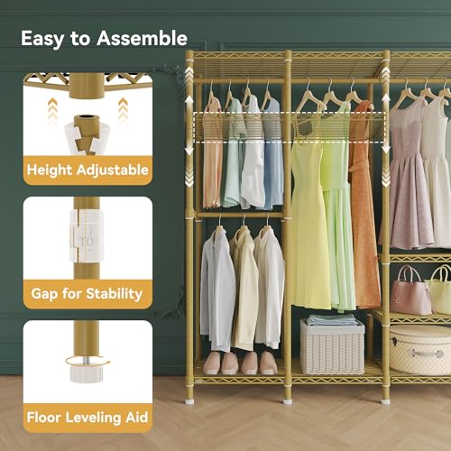 Higeego H5 Heavy Duty Clothes Rack, Freestanding Clothing Rack, Gold | 93.3"Wx15.7"Dx75.4"H, Large Garment Rack, Freestanding Clost Rack for hanging clothes, with Adjustable Shelf, Load 1400 lbs - color: Gold