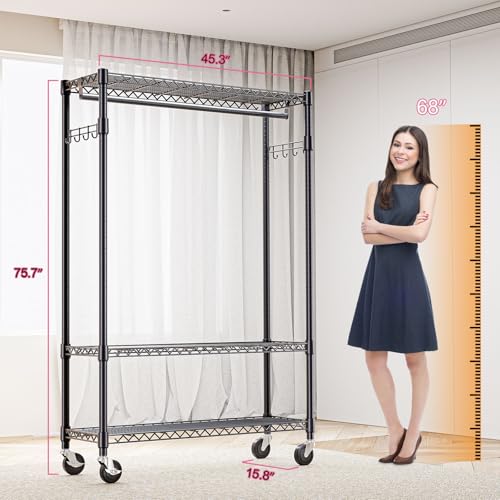 M MZG Heavy Duty Rolling Garment Rack 3 Tiers Adjustable Wire Shelving Clothes Rack with 1 Rods and Side Hooks,Storage Closet Clothing Rack with Wheels Black 15.7" D x 45.3" W x 75.6" H - color: Black, size: 3 Tier and 1 Rod 15.7"D x 45.3"W x 75.6"H