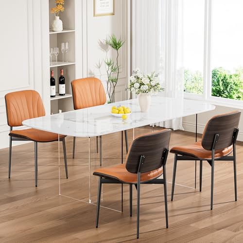 Dining Chairs Set of 2, Mid-Century Modern Upholstered PU Leather Chairs | with Walnut Back and Metal Legs Adjustable Feet for Kitchen Dining Room, Orange Shell Strips - color: Orange Shell Strips