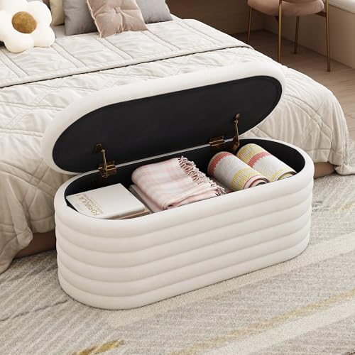 Storage Ottoman Bench 40 inch Upholstered Chenille Fabric Storage Bench for Bedroom End of Bed Stool Aesthetic Large Storag Ottoman for Living Room Entryway,Beige White | Chenille Fabric Storage Ottoman, End of Bed Stool,Large Bench Hidden Storage,No Asse