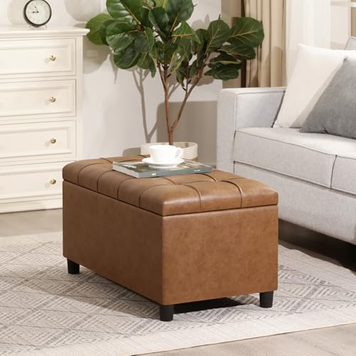 Storage Ottoman Bench, 32 Inches Faux Leather Rectangle Tufted Foot Stool for End Foot of Bed, Bedroom, Living Room,Warm Golden Brown - color: Warm Golden Brown