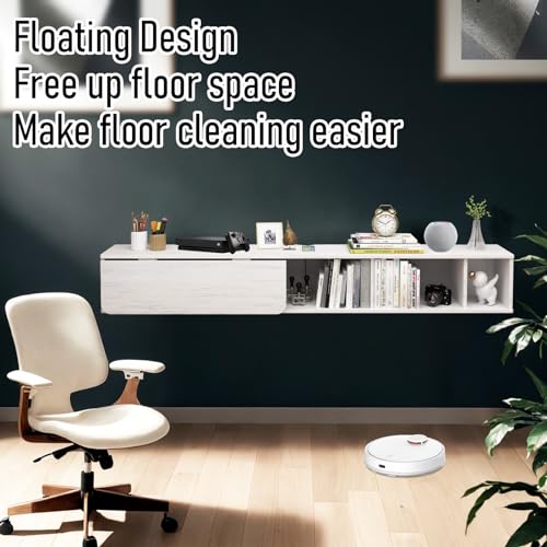 Pmnianhua 63'' Floating Desk with Storage Shelves,Wall Mounted Desk Laptop Computer Writing Study Table for Bedroom Small Space(White)