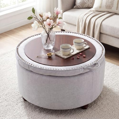 30" Round Storage Ottoman Coffee Table, Tufted Lid & Wood Top, Gray | Nailhead Trim Solid Wood Legs Extra Large Footrest Linen-Like Fabric - color: Grey