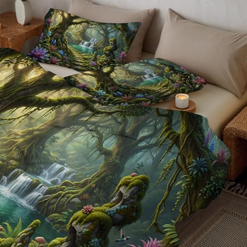 Magical Forest Duvet Cover King,3D Printed Bedding Set 3 Pieces,Comy Reversible ancient trees and mushrooms Duvet Cover Set with 2 Pillow Shams,Zipper Closure and 4 Ties,104 x 90 in,Emerald green - size: King（104 x 90 in）