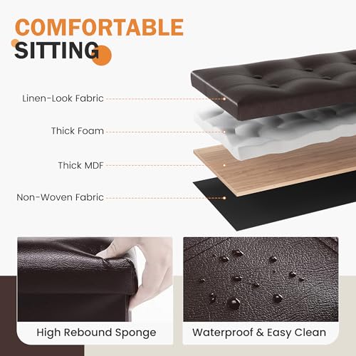 Youdesure Folding Storage Ottoman Bench, 30 inch Faux Leather Footrest Couch for Living Room, Storage Bench with Padded Seat for Bedroom Hallway, Holds up to 350lbs, Brown | Foldable ottoman with hidden storage, padded seat and sturdy MDF frame for everyd
