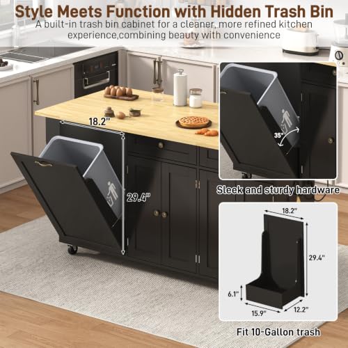 67" Large Movable Kitchen Island w/Sliding Drop Leaf,Power Outlet, Kitchen Rolling Island Cart w/ 2 Drawers, Island Table on Wheels w/Trash Storage Cabinet,Spice Rack, Towel Bar,Garage Hook, Black - color: Black, size: 17.7"D x 66.9"W x 35.8"H