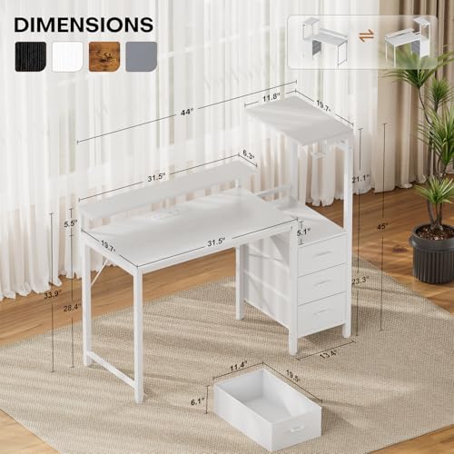 HLDIRECT 44 Inch Gaming Desk with Power Outlets & LED Lights, White | Reversible gaming computer desk with built-in monitor stand, 3 fabric drawers & 4 side hooks, 2 AC outlets & 3 USB ports - color: White, size: 44 inch
