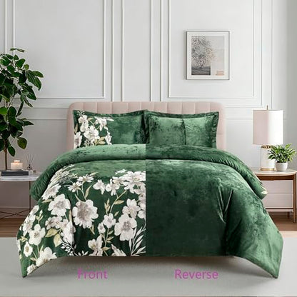Sunshine Nicole Reversible Comforter Set, Printed Distressed Velvet Front and Sold Distressed Velvet Reverse, 3 Pieces Dark Green Queen, with Soft Polyester Fill - color: Dark Green, size: Queen