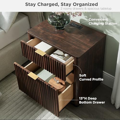 T4TREAM 23'' Fluted Nightstand with Charging Station, Modern, Dark Walnut | Large 2 Drawer, Curved Profile, Mid-Century, Bedside Table with Storage, End Table for Living Room, Bedroom, Side Table - color: Dark Walnut