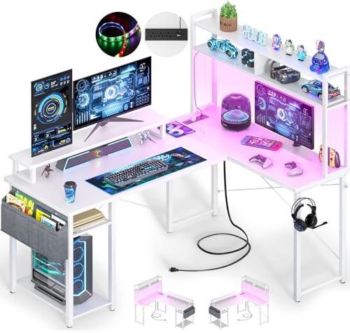 Besiost Small L Shaped Desk Gaming Desk with Power Outlets, 48" Reversible L Shaped LED Computer Desk with Monitor Stand & Storage Shelf, Corner Gamer Desk Home Office Desk with Storage Bag, White - color: White