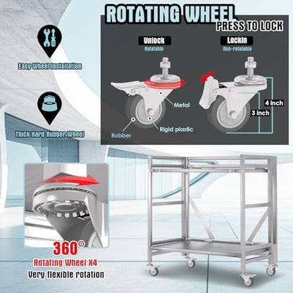 2 Shelf Rolling Cart with Wheels, 660lbs Capacity Collapsible Steel Rolling Utility Cart, Heavy-Duty Foldable Workbench, Metal Rolling Storage Cart with Handle for Groceries, Warehouse (36" Lx26 W) - color: Plate