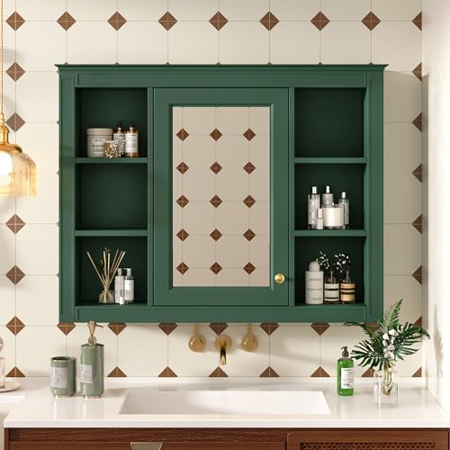 Wall Mounted Medicine Cabinet, Bathroom Storage Cabinet with Mirror Door and 6 Adjustable Open Shelf (7.3" D x 35" W x 27.5" H) (Green) - color: Green