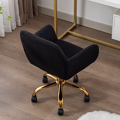 Faux Fur Office Desk Chair, Comfy Swivel Armchair with Wheels, Upholstered Fuzzy Vanity Chair, Adjustable Seat Height, Black | Fluffy Swivel Modern Armchair Upholstered Fuzzy Height Adjustable for Teens Women Girls Elegant for Living Room Bedroom - color: