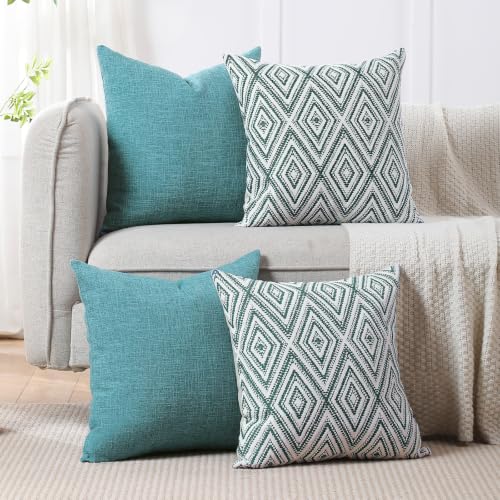 HPUK Throw Pillow Covers 18x18, Set of 4, Aqua Blue Couch Pillow Covers | Polyester fabric, patterned and solid designs, hidden zippers, machine washable, for sofas and beds, inserts not included - color: Aqua, size: 18" x 18" (Pack of 4)