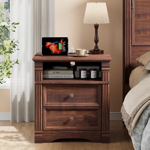 Walnut Nightstand with Charging Station, Farmhouse Bedside Table, End Table with 2 Drawers and Chic Wood Pilasters Design, Wood Side Table with Metal Handles for Bedroom, Living Room - color: Walnut, size: 15.7"D x 22"W x 23.6"H (2 Drawers)