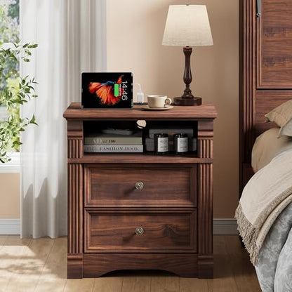 Walnut Nightstand with Charging Station, Farmhouse Bedside Table, End Table with 2 Drawers and Chic Wood Pilasters Design, Wood Side Table with Metal Handles for Bedroom, Living Room - color: Walnut, size: 15.7"D x 22"W x 23.6"H (2 Drawers)