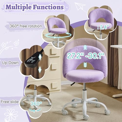 VINGLI Small Vanity Chair with Faux Fur Wheels for Girls,Cute Adjustable Height Armless Office Desk Chair,360°Swivel Comfy Rolling for Study,Make up Room,Small Space,Purple - color: Furry Purple
