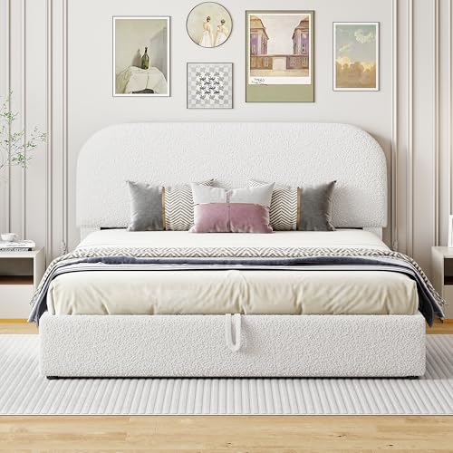 Upholstered Platform Bed with Hydraulic Storage System and Curved Shaped Headboard, Queen Size Wood Bed Frame for Kids Adults Bedroom Furniture, Teddy Fleece Thick Upholstered Bed Grounded Bed - color: White-4, size: Queen