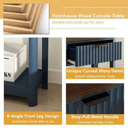 RUSTOWN Fluted Wood Console Table with 3 Drawers, 47.2" Boho Entryway Table | Narrow Behind Couch Sofa Table, Open Storage Shelf, Curved legs, 2 Tier Modern Farmhouse Hallway Table for Living Room, Foyer - color: Navy Blue