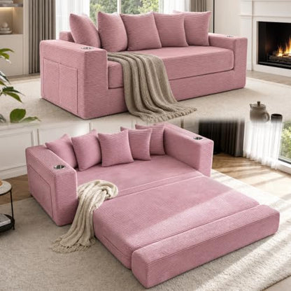 76" Convertible Sofa Bed, Corduroy Boneless Couch with Cup Holders & Pocket | 2-in-1 Sleeper Sofa, Pull-out Couch Bed with 5 Pillows, Living Room, Small Spaces, Bedroom, No Assembly - color: 76" Pink