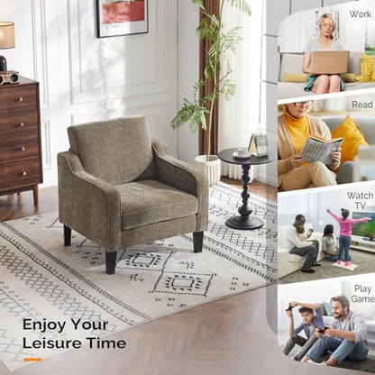 VINGLI Chair Light Brown Upholstered Chenille Accent Chair for Living Room, Bedroom, Mid-Century Modern Arm Chair Comfy Reading Chair with Scooped Arms - color: Light Brown