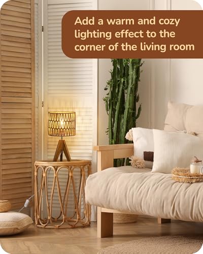 EDISHINE Rattan Small Table Lamp, Boho Nightstand Lamp, 14.2", E26 Base | Natural Style, Wood Tripod Base, Rosewood Color & W-Pattern Shade, Bedside Lamp for Living Room, End Table, Office - color: Rosewood Color&W-pattern Shade