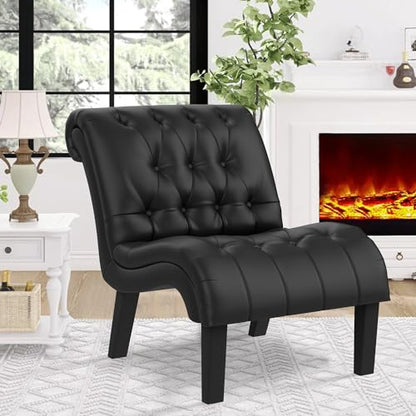 Black Faux Leather Accent Chair Modern Button Tufted Upholstered Armless Chair for Bedroom Living Room with Wood Legs - color: Black Pu, size: 1 Chair