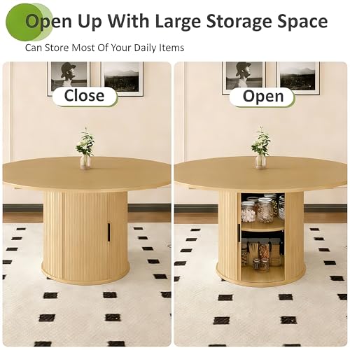 Wildhome Extendable Round Dining Table for 2-4-6, 59 Inch Dining Room Kitchen Table with 2-Tier Storage Shelf, Modern Farmhouse Fluted Wood Slide Door Dinner Furniture,Oval Circle,Oak - color: Oak-59 Inch