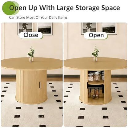 Wildhome Extendable Round Dining Table for 2-4-6, 59 Inch Dining Room Kitchen Table with 2-Tier Storage Shelf, Modern Farmhouse Fluted Wood Slide Door Dinner Furniture,Oval Circle,Oak - color: Oak-59 Inch