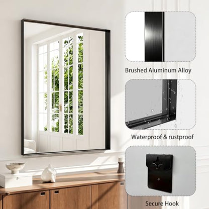 48x30 Black Bathroom Mirrors for Over Sink, Wall Mounted Bathroom Vanity Mirror, HD Distortion-Free Tempered Glass, Anti-Rust Brushed Matte Aluminum Alloy Frame, Horizontal or Vertical Hanging - size: 48"L x 30"W