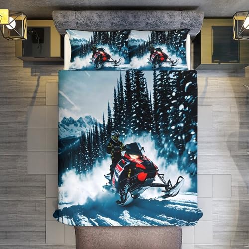 3 Piece Cool Snowmobile Bedding Set - Ultra Soft Fabric & Double-Sided Print, Breathable Comforter Set with 1 Quilt Cover & 2 Pillowcases for Home Hotel, 102"x90" - size: 102"x90"
