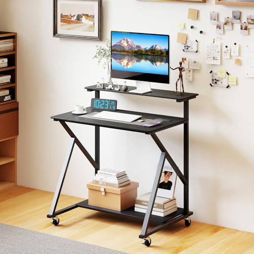GIANTEX Rolling Small Desk with Storage, Compact Computer Desk for Small Spaces with Charging Station, Monitor Stand, Lockable Wheels, Study Writing Desk for Home Office, Bedroom (Black) - color: Black, size: 25"D x 32"W