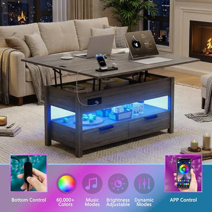 40" Lift Top Smart Coffee Table for Living Room | Power Outlets, LED Lights, Lifting Top, Storage Drawers & Compartments, for 4-6 People, Grey - color: Grey