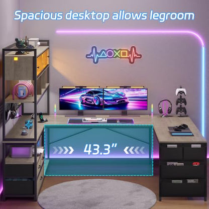 busyeah U-Shaped Gaming Desk with Storage Shelves & 3 Drawers, Oak Gray | Reversible Computer Desk with LED Lights & Charging Station, Gaming Desk with Hutch and Pegboard for Home Office, Gamers - color: Oak Gray