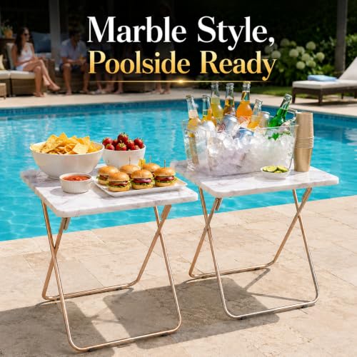 Japard Folding Couch TV Tray Table Set of 2, Heavy Duty Metal Frame 660lbs, Portable Laptop Desk No Assembly Required (2-Pack, Marble White) - color: White Marble - 2 Pack