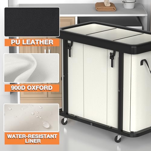 Laundry Basket with Wheels, 230L(60Gal) Laundry Sorter 3 Section - Beige | Leather Patchwork Laundry Hamper, Sturdy Metal Frame, Removable Washable Bag, Tall Clothes Sorter for Bedroom - color: Beige, size: 3 Section-230L