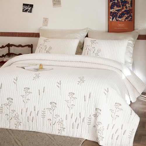 MarCielo 3pcs Cotton Quilt Set, White Floral | Bedspread Coverlet, With Shams - color: White Wildflower, size: Queen (98" x 90")