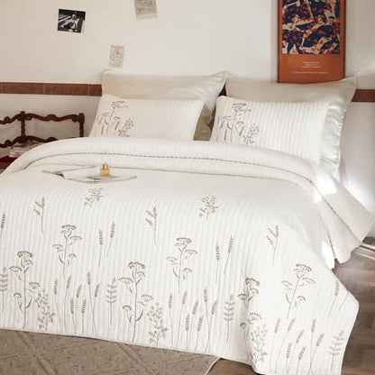 MarCielo 3pcs Cotton Quilt Set, White Floral | Bedspread Coverlet, With Shams - color: White Wildflower, size: Queen (98" x 90")