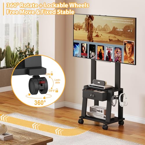 Rolling TV Stand with Storage for 23-60 Inch TVs up to 88 lbs, Height Adjustable Tilt Mobile TV Mount Cart with Drawer & 2 Shelves, Space-Saving Corner Design for Bedroom Living Room, VESA 400x400mm - size: 1 Drawers