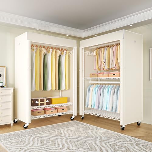 White Clothing Rack with Beige Cover, P1C Plus Rolling Closet | Metal Garment Rack with Wheels for Hanging Clothes, Portable Clothing Storage Wardrobe - color: White Rack with Beige Cover