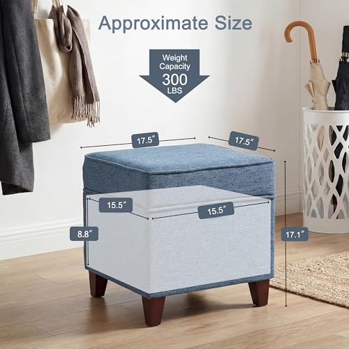 Linen Storage Ottoman with Wooden Legs, 17" Square Upholstered Flip-Top Footrest Stool, Extra Seat or Coffee Table for Living Room, Bedroom, Entryway, Blue - color: Blue