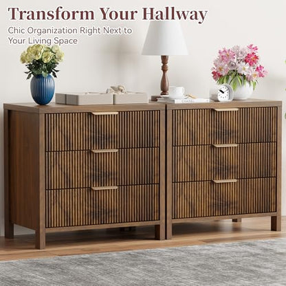 Fluted Nightstand, 23.7'' Wide Night Stand with 3 Drawers, Mid-Century Modern Bedside Table with Handles, Wood End Table for Bedroom, Walnut - color: Walnut