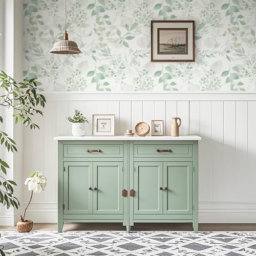 Safiyya Light Green Leaf Wallpaper Peel and Stick Wall Paper Modern Boho Contact Paper 78.7" x 17.3" Self Adhesive Removable Wallpaper for Bedroom Bathroom Vinyl Rolls - color: Green and White, size: 17.3" x 78.7"