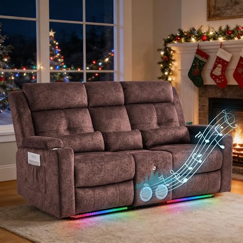 Power Reclining Loveseat with Flip Backrest, Power Loveseat Recliner Sofa with LED Lights, Bluetooth Speaker, 3-Seater Recliner Sofa with Arm/Seat Storage (Brown, Loveseat with Console) - color: Brown, size: Loveseat with Console
