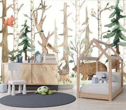 XMPMBM-Cartoon Hand-Painted Animals Woodland Nursery Room Fabric Wallpaper Graffiti Pine Forest Kids Gaming Room wall Mural-W 176" X H 113"（138 Square Foot） - color: X33, size: 176"x113"