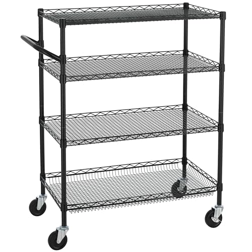 Finnhomy 4 Tier Heavy Duty Commercial Grade Rolling Cart with Handle Bar, Metal Wire Utility Cart with Wheels, Service Trolley on Wheels, Shelf Size 18" D x 36" W, NSF, Black - size: 36"L x 18"W x 46.4"H-4 Tier, style: Black Cart