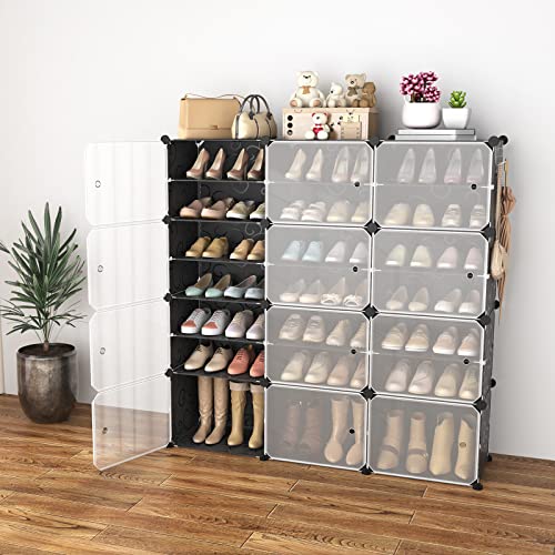 Portable Shoe Rack Organizer with Door, 48 Pairs Shoe Storage Cabinet Easy Assembly, Plastic Adjustable Shoe Organizer Stackable Detachable Free Standing Shoe Rack DIY Expandable 8 Tier Black - color: Black, size: 48" Wide-48 Pairs